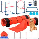 VEVOR Équipements d'Entraînement Agilité pour Chien, Ensemble 7PCS, Parcours Obstacles pour Chiot, Haies Hautes Réglables, 6 Poteaux, 2 Tunnels, Anneau de Saut, Boîte Pause, 3 Frisbees, Sifflet, Bol