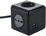 62099 Multiprise Cube Powercube 4 Places avec 2 USB 2.1A, 2 Schuko + fiche Italienne, 2 bivalentes 10/16 Italiennes, Couleur Noir, câble 1,5 m