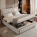 Lit coffre double avec sommier à lattes et tête de lit et pied avec bordure dorée plaquée, style élégence, bois & flanelle, beige blanc 140x200cm
