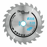 DIAMWOOD - Lame de Scie Circulaire Bois pour Scies à Onglet Découpe Parfaite et Professionnelle Diamètre 210 mm 24 Dents Alternées Négatives Alésage