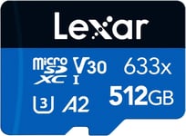 633x Carte Micro SD 512 Go, Carte microSDXC UHS-I + Adaptateur SD, Jusqu'à 100 Mo/s en Lecture, A2, C10, U3, V30, Carte TF pour Smartphone/Tablette/Caméra Surveillance (LMS0633512G-BNAAA).[G50]