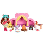 Enchantimals Coffret Tente De Camping Cuddlers avec Poupée Et 4 Figurines D’Animaux, Sac De Couchage, Feu De Camp, Et Autres Accessoires Inclus, Jouet Enfant, A Partir De 4 Ans, HTW71