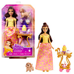 Mattel ​Disney Princess Toys, Belle Doll with Shiny Clothing, Tea Cart, Friends and Food Pieces, Tea Time Cart Playset, Inspired by Disney Movie​