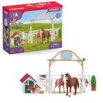 Enclos pour chevaux d'Hannah avec chienne Ruby, coffret schleich avec 20 éléments inclus dont 2 chevaux schleich, coffret figurines