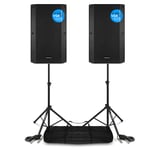 VONYX Pair of Active PA Speakers Bi-Amplified 15 Inch 2000w Bluetooth Two-Way VSA15BT DJ System with Stands