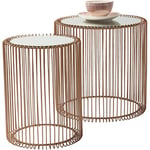 Kare Design Side Table Wire Copper, set of two, steel rack, safety glass tabletop, round, modern bed side table for bedroom, living room, office, Ø 44cm