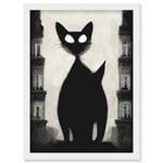 Giant Black Cat Le Chat Noir City Monochrome Illustration Artwork Framed Wall Art Print A4