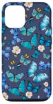 iPhone 15 Pro Blue Butterflies and Floral Pattern on Preppy Navy Blue Case