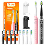 Bitvae Electric Toothbrushes 2 Pack Sonic Toothbrush with Holders, Dual Ultrasonic Electronic Toothbrush 8 Brush Heads 5 Modes, Rechargeable Power Toothbrush for 30 Days Using, Black & Pink