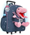 Naturally KIDS Pink Dinosaur Backpack with Wheels - Kids Suitcase on Wheels for Girls Boy w Stuffed Animal - Children's Luggage