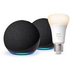 Echo Dot (5th generation) | Charcoal, 2-pack + Philips Hue Smart Bulb (E27), Works with Alexa - Smart Home Starter Kit