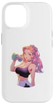 Coque pour iPhone 14 Rose Hair Anime & Manga Style Gym Girl tenant un haltère