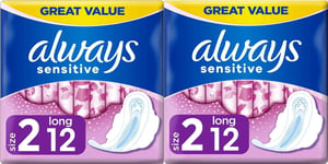 Always Sensitive Ultra Long Sanitary Pads Towels with Wings, Size 2 - 24 Pack