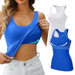 V FOR CITY Cotton Tank Top for Women Shelf Bra Workout Tops Racerback Fitted Yoga Camis 2 Pack White/Blue S