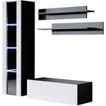 Ensemble de Meubles tv Mur de Rangement Meuble salon Suspendu avec led Modèle Luke 2D Noir et Blanc Finition brillante