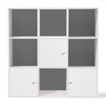 Meuble de rangement cube RUDY 9 cases bois blanc avec 3 portes fond gris