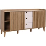 HHG - Sideboard 417, commode, porte coulissante compartiment de rangement, bois massif de manguier mdf 81x150x40cm, naturel, tiroirs blancs