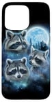 Coque pour iPhone 15 Pro Max Trois ratons laveurs engloutis dans les nuages de galaxie sous la lune glacée