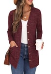 GRECERELLE Gilet Femme Cardigan Long à Col en V Ouvert sur Le Devant Manches Longues Poches pour Un Style Chic Adapté à Toutes Les Saisons (Vin Rouge, XL)