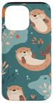 Coque pour iPhone 14 Pro Max Orange minimaliste floral mignon loutre de mer sur bleu sarcelle uni