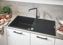 GROHE Kitchen Set of Essence Tap & K500 Sink – (Granite Black Quartz Composite Kitchen Sink with Drainer 1 Bowl 48x44x20cm Overall 100x50cm, Brushed Hard Graphite Kitchen Tap Size 300mm Tails 3/8")