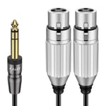 TRS 6,35 mm 1/4 vers 2 XLR Répartiteur en Y Câble, Câble Adaptateur Audio Stéréo Asymétrique 2x XLR Femelle vers 1/4 TRS Mâle pour Micro, Guitare, Haut-Parleur, Table de Mixage, 1,8 m