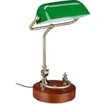 Relaxdays - Lampe de banquier, abat-jour en verre inclinable, pied en bois, bureau E27, rétro, vert-marron