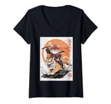 Womens Ninja Cat Riding Tiger - Japanese Samurai Art in Manga Style V-Neck T-Shirt