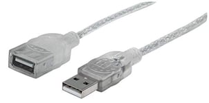 Manhattan USB-A to USB-A Extension Cable, 1.8m, Male to Female, 480 Mbps (USB 2.0), Hi-Speed USB, Translucent Silver, Lifetime Warranty, Polybag