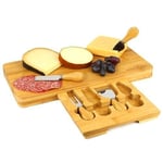 Wooden Cheese Board Wood Serving Platter with Knife Set in Pull Out Drawer