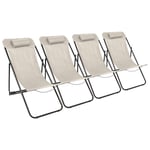 4x Matt Black/Beige Folding Metal Deck Chairs Garden Beach Camping Lounger