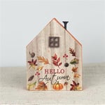 Rustic Autumn-Themed Wooden House Decoration - Fall Leaves & Pumpkin Design