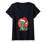 Womens Retro Christmas Shirt Vintage Xmas Believe Santa Dinosaurus V-Neck T-Shirt