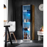 Vitrine Armoire Tivoli, Wotan/Noir, Largeur 55cm x Hauteur 159cm x Profondeur 35cm, led Blu, 3 étagères, pour Salon, Chambre, Entrée - Komodee