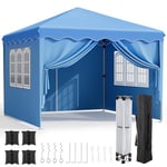 Tonnelle Jardin Pliable 3x3,Tonnelle Pliante avec Oxford 420D,Tente Jardin Pliable,Imperméable,Tente de Fête,Tente avec 4 Parois Latérales,Pavillon de Jardin,Protection UV 50+,pour Le Camping(Bleu)