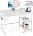 Bureau D`Ordinateur avec Ports de Charge USB et Type-C, Table de Bureau et Bureau D'étude avec Crochets et Deux étagères, Gain de Place pour Les Bureaux et la Maison, 100x60 cm, Blanc