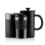 BODUM COFFEE SET – 1l/8 cup Stainless Steel Vacuum Insulated French Press Coffee Maker, Double Wall Travel Mug and Electric Coffee Grinder, Black