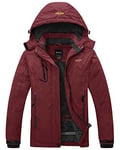 Wantdo Femme Veste de Ski Outdoor Manteau d'hiver Chaud avec Capuche Amovible Veste Imperméable Coupe-Vent Veste Randonnée pour Voyage Rouge Vineux M