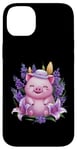 Coque pour iPhone 14 Plus Cochon en style dessin animé kawaii avec lavande et lys