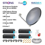 Kit Parabole Acier 85cm Anthracite + LNB Quad HD 4K + 4 Décodeurs SRT 7407 FRANSAT + Câble 100m + 4 Câbles HDMI + 8 Fiches F