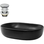 Lavabo à Poser en Céramique Noir Mat, 600 x 425 x 145 mm, Ovale, avec Bouchon de Vidange 1 1/4 Universel Push Open, Vasque Évier Lave-Mains pour