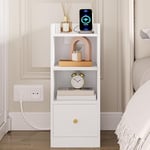 Hzuaneri Table de Chevet avec Multiprise, Port USB et Type C, Table d'appoint Étroite, Espace de Rangement à 3 Niveaux avec 1 Tiroir, pour Chambre à Coucher, Salon, Blanc NS36403X