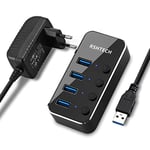 RSHTECH Hub USB Alimenté, Hub USB 3.0 4 Ports Splitter USB 3.0 avec 10W(5V/2A) Alimentation Externe Multi Port Hub USB, pour Transfert Données, Commutateurs Individuels et Indicateur LED