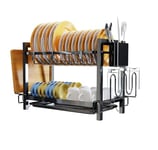 Yexati 2 Tier Dish Drying Rack,Large Capacity Dish Drainer,Kitchen Dish Rack With Utensil Organzie,Dish Drainer Rack With Cutting Board Holder,Plus 3 Hooks,Black