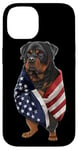 Coque pour iPhone 14 Chien Rottweiler patriotique enveloppé dans un drapeau américain américain