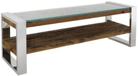 Clearance - Railway Sleeper TV Bench with Glass Top, 120cm Open TV Unit, Stand Upto 50in Plasma, Made from Reclaimed Wood