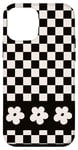 Coque pour iPhone 12 mini Aesthetic Checker Retro Groovy Flowers in White and Black