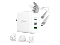 J5create - Strømadapter - 3-Porter, Gan, Med Utskiftbare Ac-Plugger Og Usb-C-Kabel - 65 Watt - 3 A - Apple Fast Charge, Fast Charge, Pd 3.0, Qc 3.0, Super Charge, Apple 2.4A, Bc1.2 - 3 Utgangskontakter (Usb, 2 X Usb-C) - På Kabel: Usb-C - Hvit