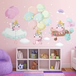 Stickers muraux enfants - Decoration chambre bébé - Sticker mural chambre enfant - Autocollant mural licornes dans les nuages - H90 x L60 cm