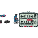 Bosch Professional Affleureuse sans Fil, Bleu/Noir, 2 x 3.0 Ah batteries plus chargeur plus tête de fraisage 8 mm + 15 pièces Kit de Fraises Mixtes (pour Bois, Ø 8 mm Queue, Accessoires)